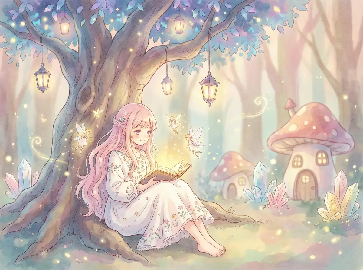 运营商图标大全 - 魔法森林中阅读故事书的粉发少女与精灵